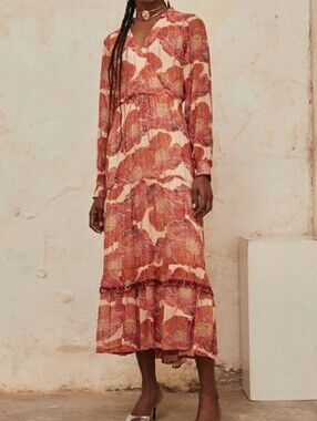 NKN Nekane Nude Maldini Long Floral Print Dress with Lurex Red Floral Bohi Maxi